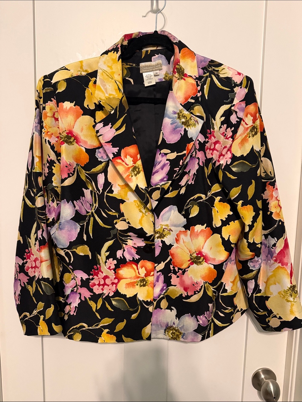 Coldwater Creek Black Floral 100% Silk Blouse with Yellow & Pink Flowers